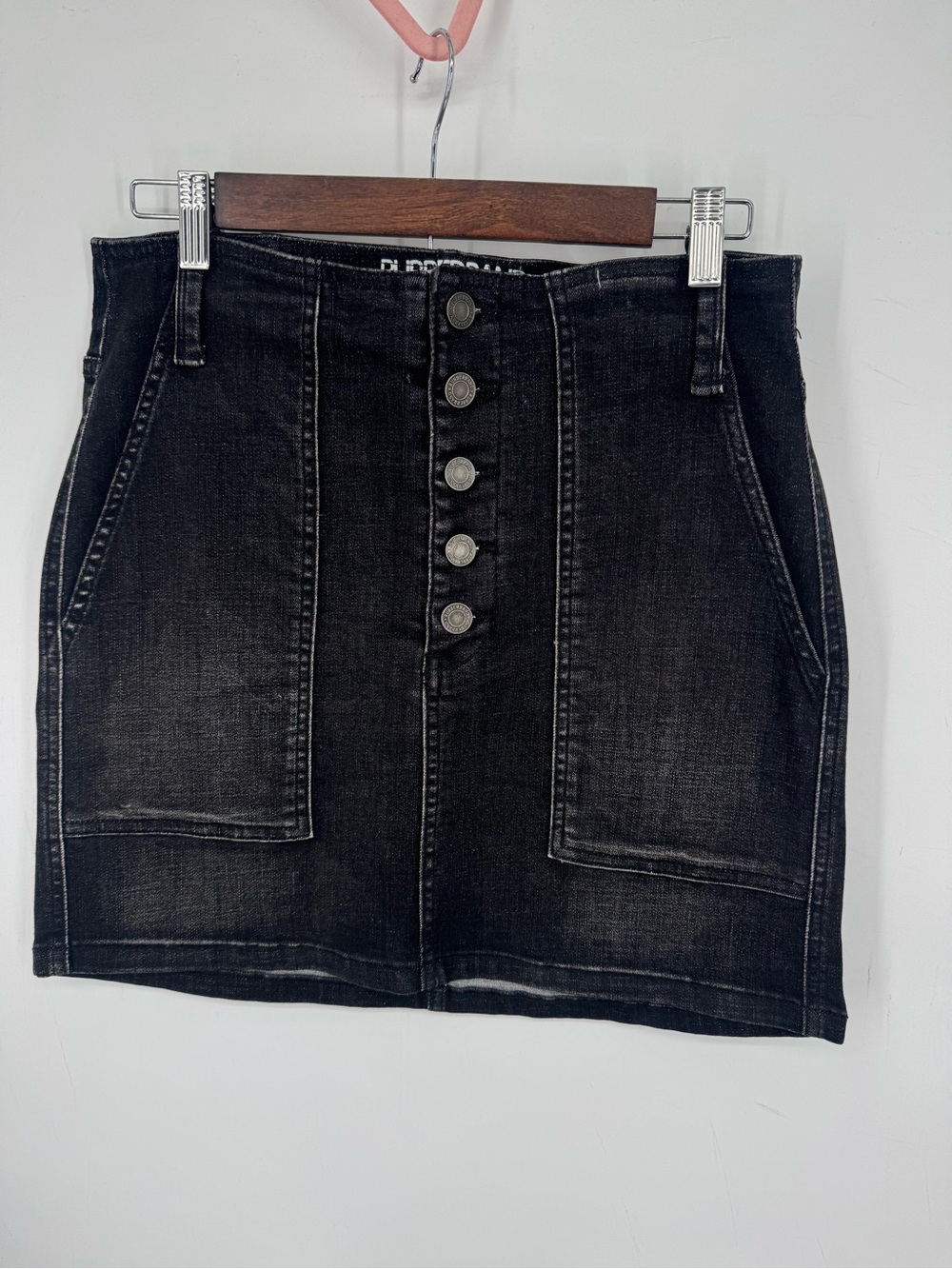 Rubberband Stretch Button Fly Pocket Charcoal Denim Fall Mini Skirt Size 30